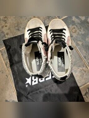 Authentic Golden Goose Leather Pink, White, Black Hi-Top Sneakers with Glitter